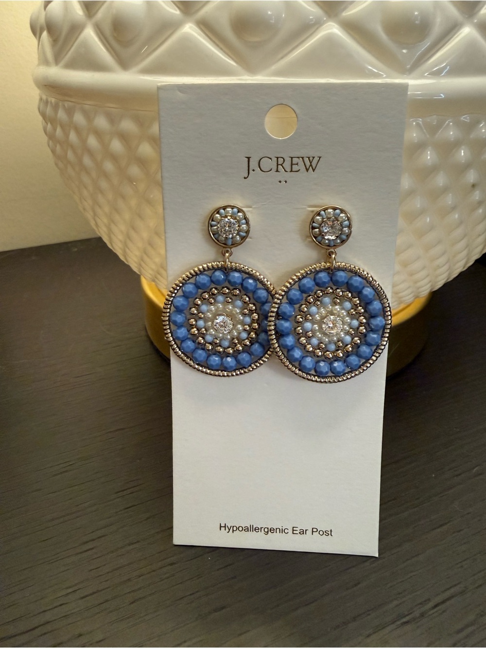J. Crew Blue and Gold Beaded Circle Drop Earrings